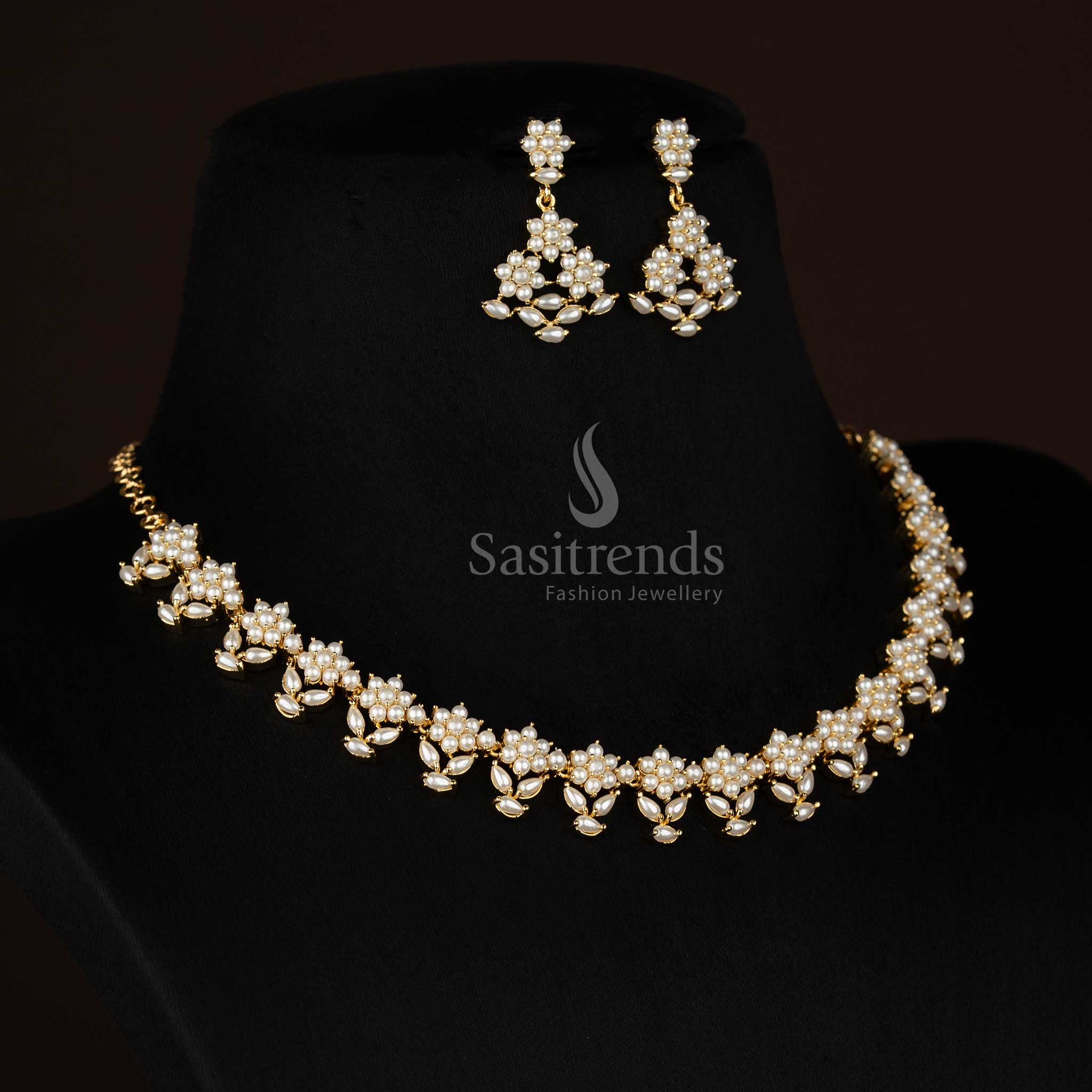  Micro gold plated American diamond floral leaf pearl necklace for evening events