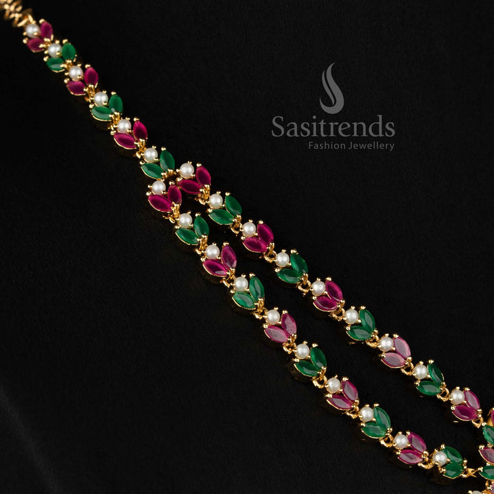 Sasitrends american diamond micro gold plated necklace set featuring teardrop centre stone and layered pearl drop design