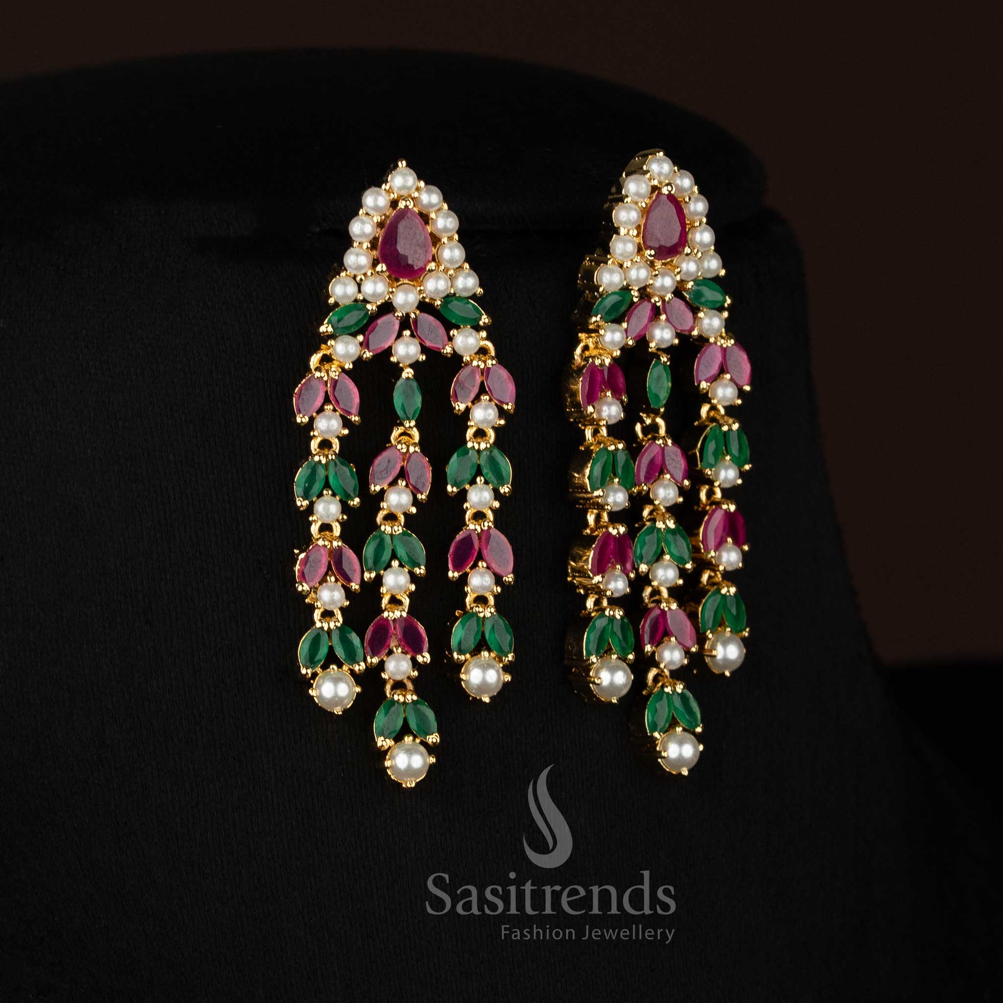 24k micro gold plated american diamond necklace with dual line stone chain and pearl hanging pendant structure