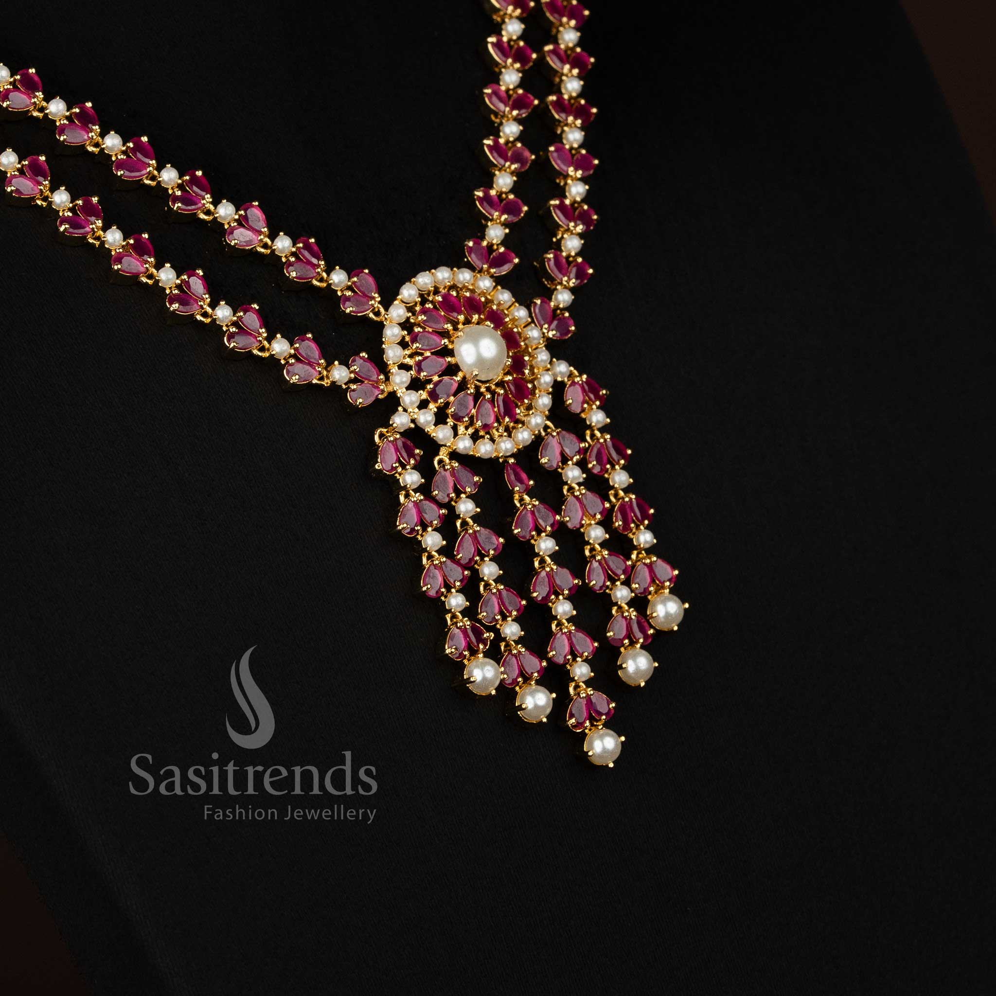 Micro Gold Plated American Diamond Necklace Set with Teardrop Centre & Pearl Drop Design