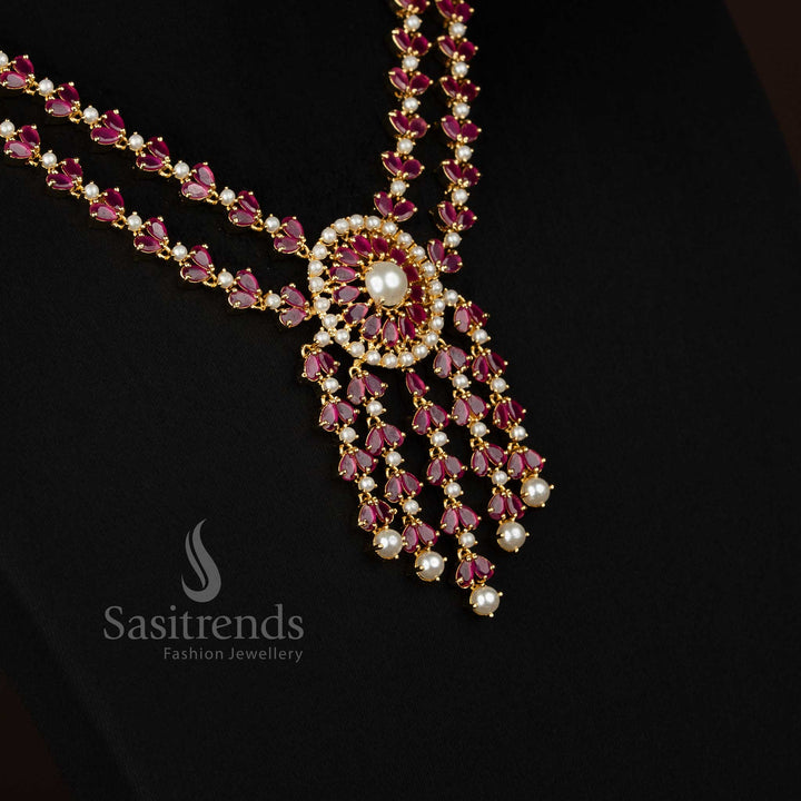 Micro Gold Plated American Diamond Necklace Set with Teardrop Centre & Pearl Drop Design