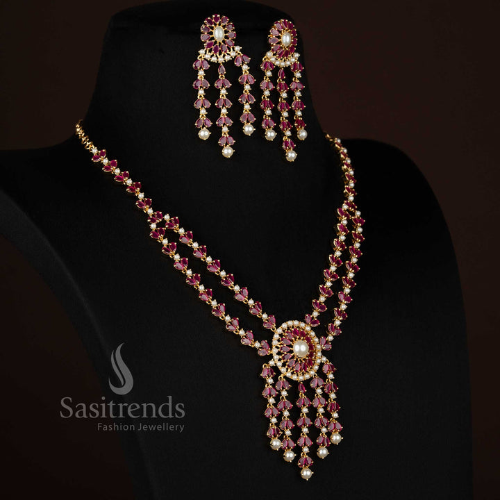 Sasitrends american diamond micro gold plated necklace set featuring teardrop centre stone and layered pearl drop design