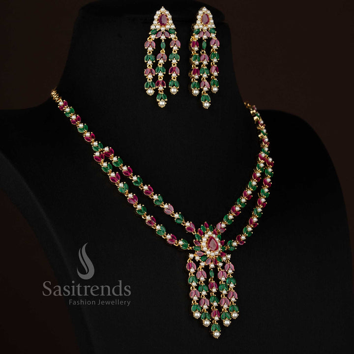 Micro Gold Plated American Diamond Necklace Set with Teardrop Centre & Pearl Drop Design