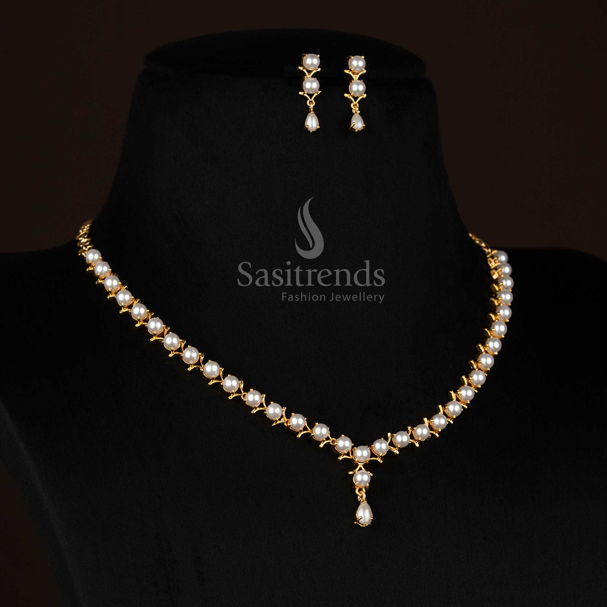 Sasitrends micro gold plated party wear pearl necklace set with single line pearl chain structure