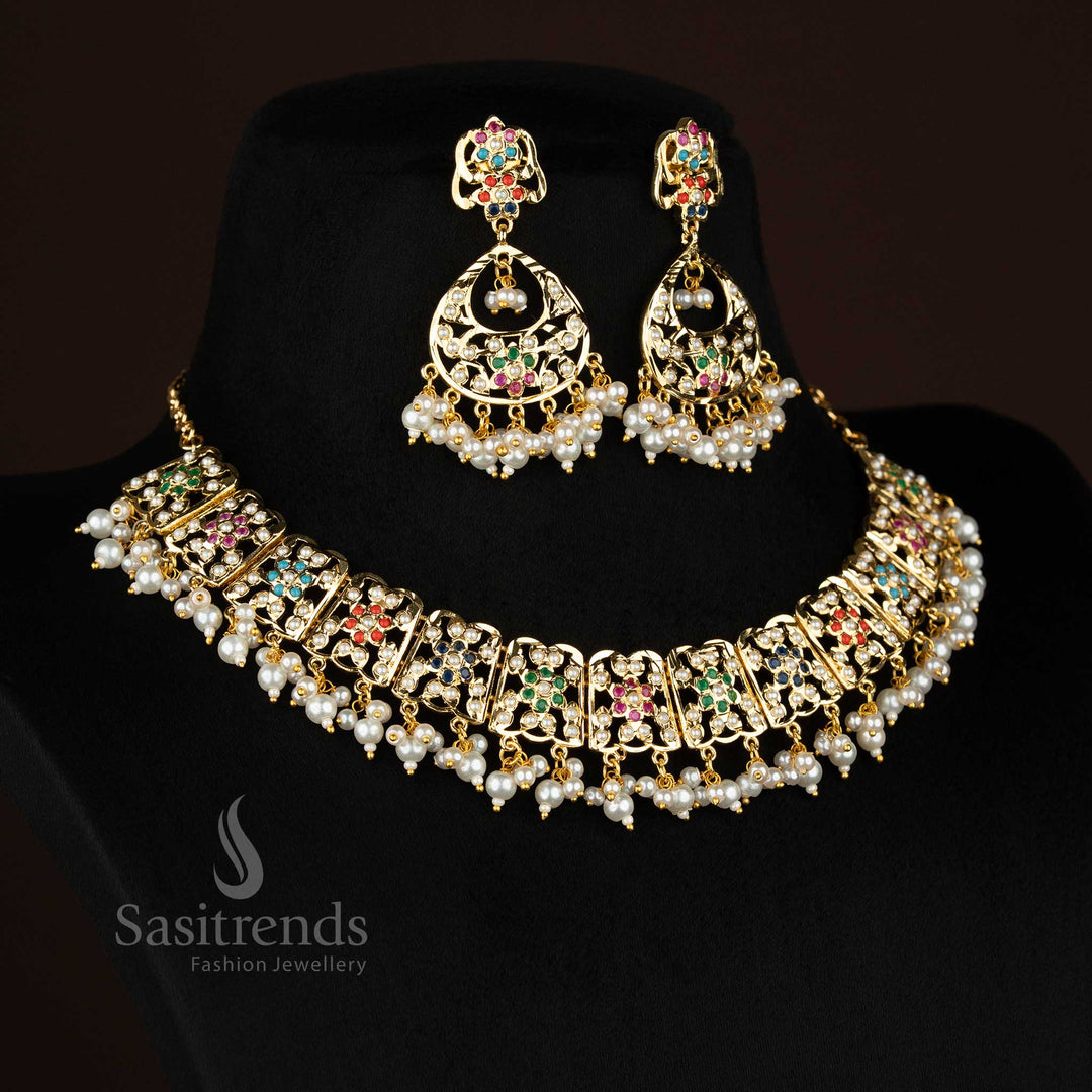 Attractive Punjabi Jadau gold plated floral pearl necklace set