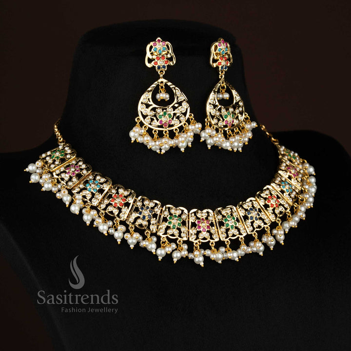 Attractive Punjabi Jadau Gold Plated Floral Pearl Necklace Set for Festive Celebrations