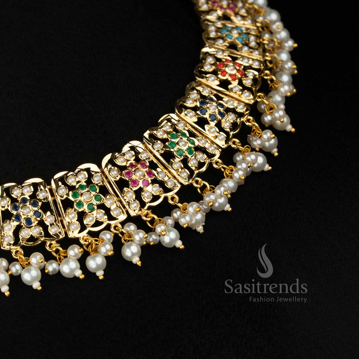 Punjabi style gold plated floral pearl necklace for festive celebrations