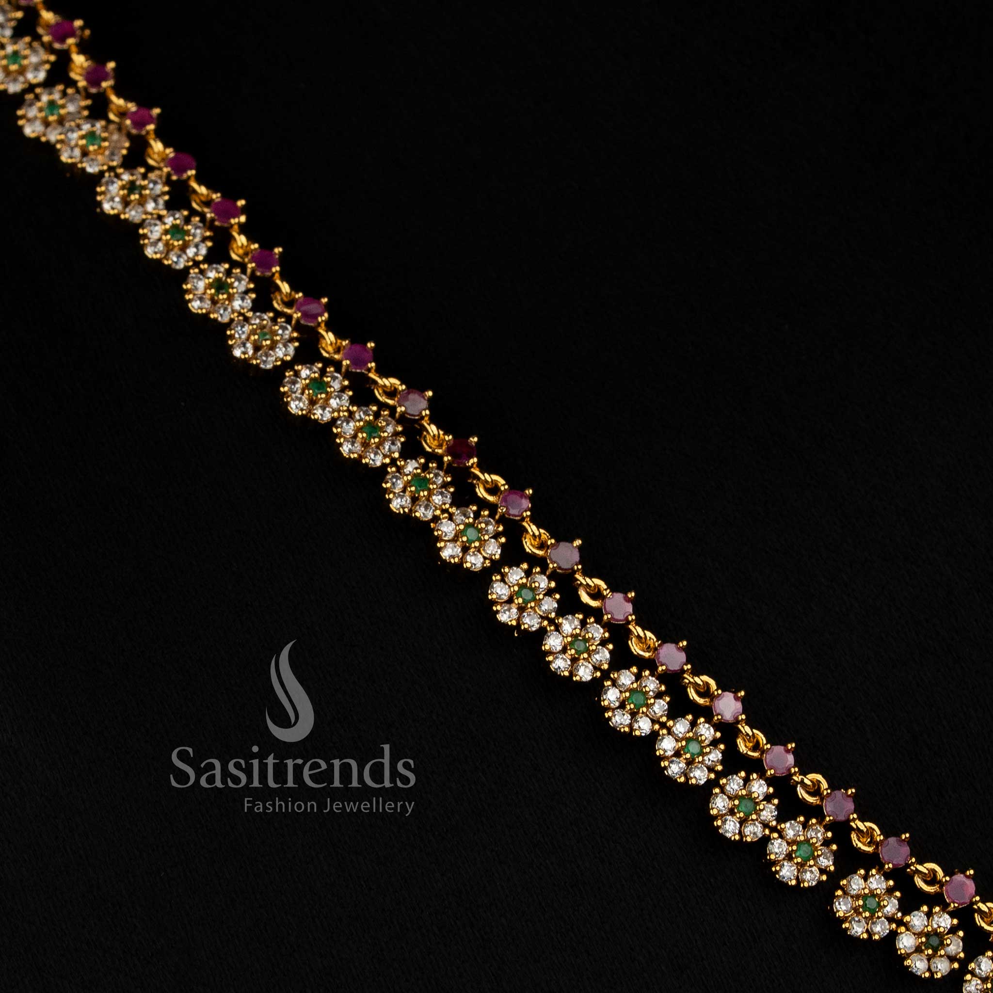 Elegant Matte Gold Plated Floral Cluster AD Stone Short and Long Necklace Set - Sasitrends