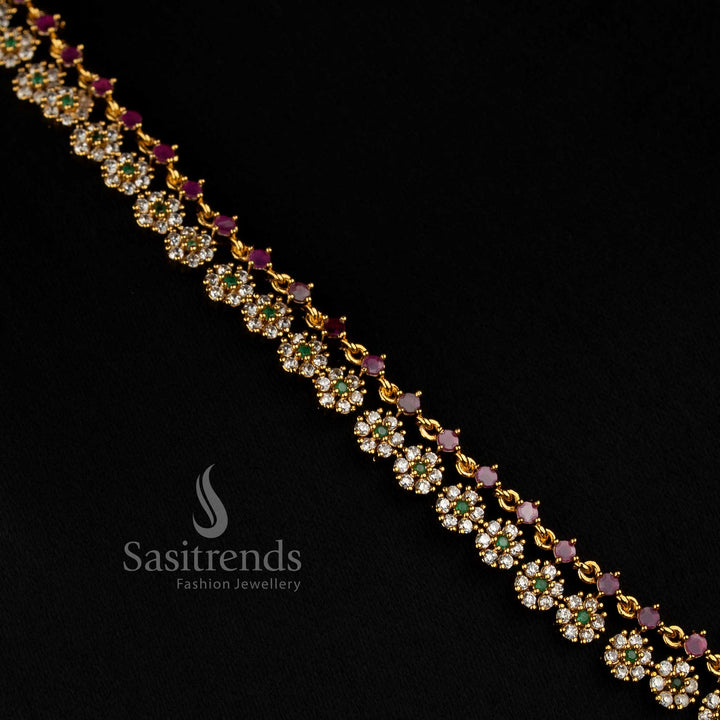 Elegant Matte Gold Plated Floral Cluster AD Stone Short and Long Necklace Set - Sasitrends