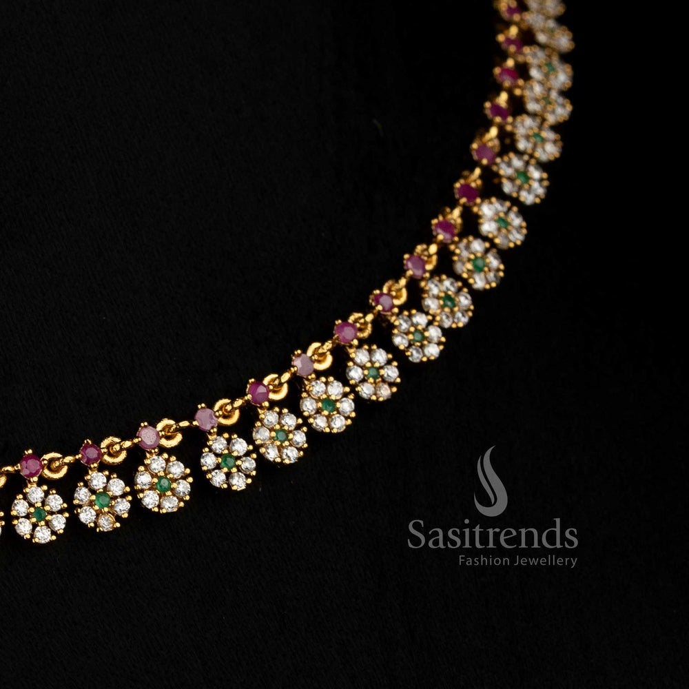 Matte Gold Plated American Diamond Floral Necklace Set for Sarees and Traditional Outfits - Sasitrends