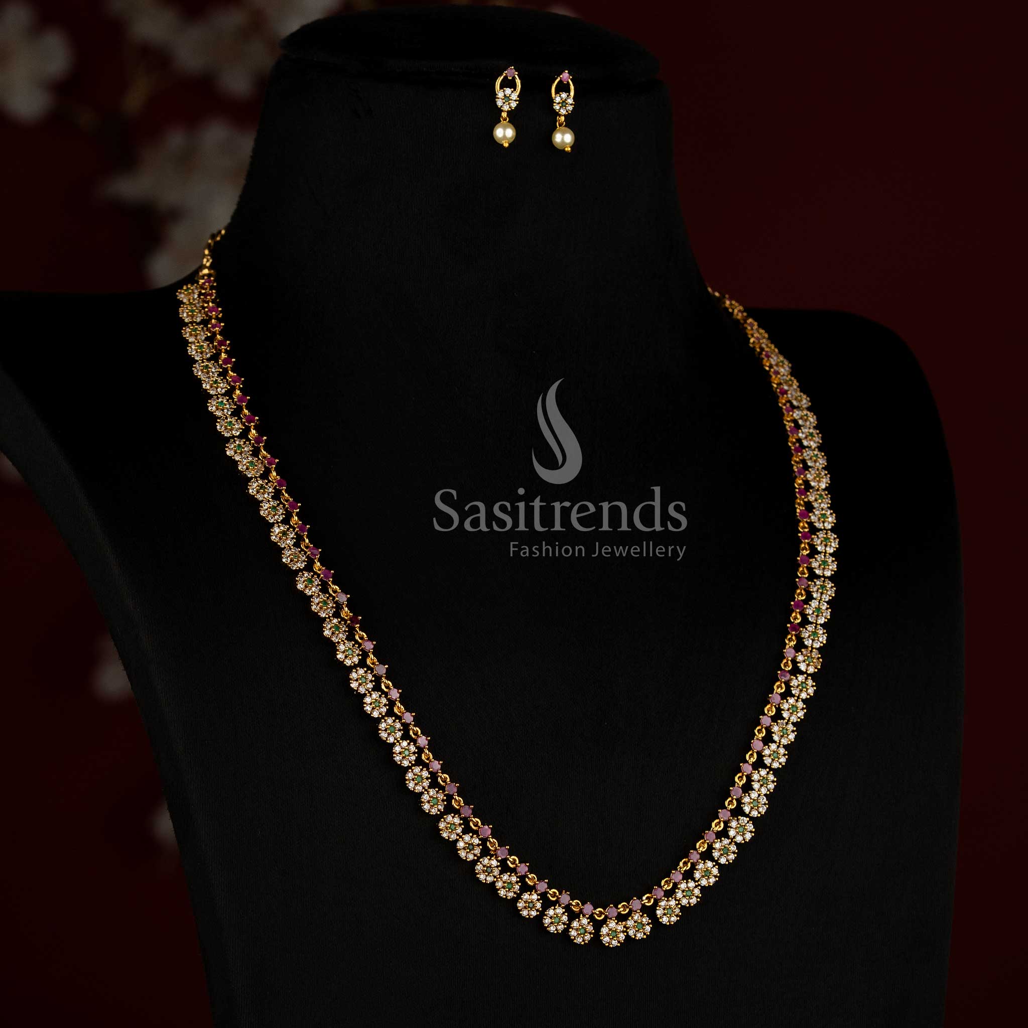 Elegant Matte Gold Plated Floral Cluster AD Stone Short and Long Necklace Set - Sasitrends