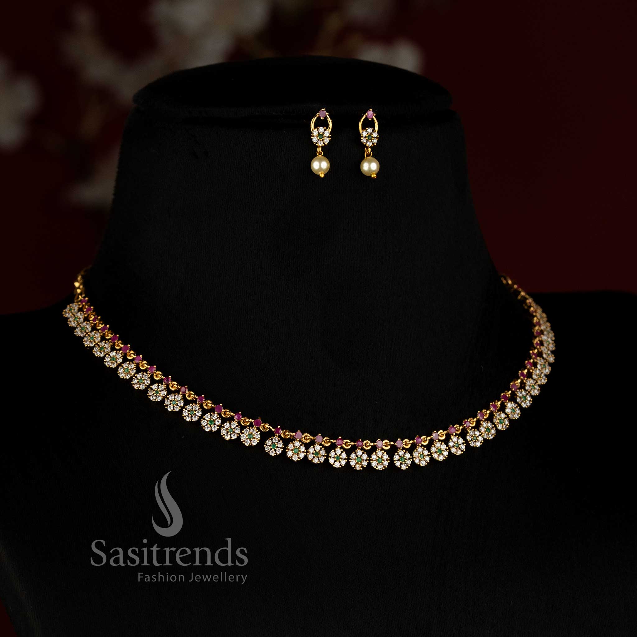 Matte Gold Plated American Diamond Floral Necklace Set for Sarees and Traditional Outfits - Sasitrends