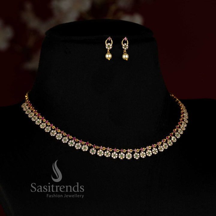 Matte Gold Plated American Diamond Floral Necklace Set for Sarees and Traditional Outfits - Sasitrends