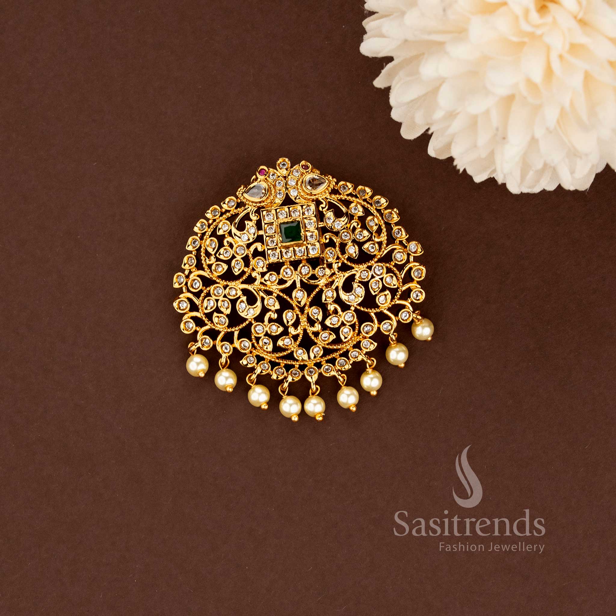 Luxury Temple Matte Gold AD Stone Hair Ornament for Bridal and Festive Wear - Sasitrends