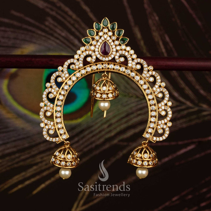 Sasitrends temple peacock crest jadai billai hair brooch with rich stone work and pearl drops