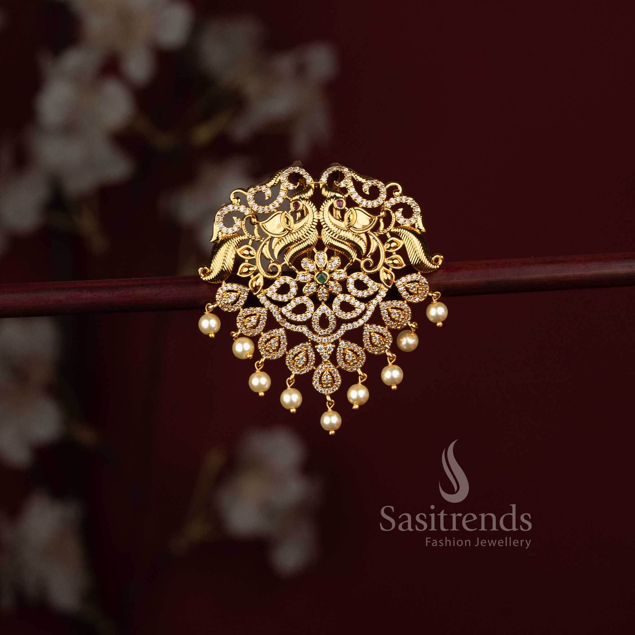 Temple Matte Gold Plated Peacock Jadai Hair Accessory for South Indian Brides - Sasitrends