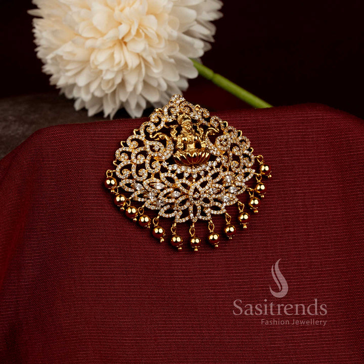 Goddess Lakshmi & Peacock Motif  Matte Gold Plated Jadai Billa with AD Stonework & Hanging Gold Bead Drops