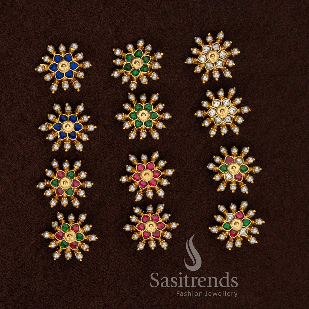Starburst floral Jadau gold plated bugadi earrings with Kundan AD stones and delicate pearls - Sasitrends