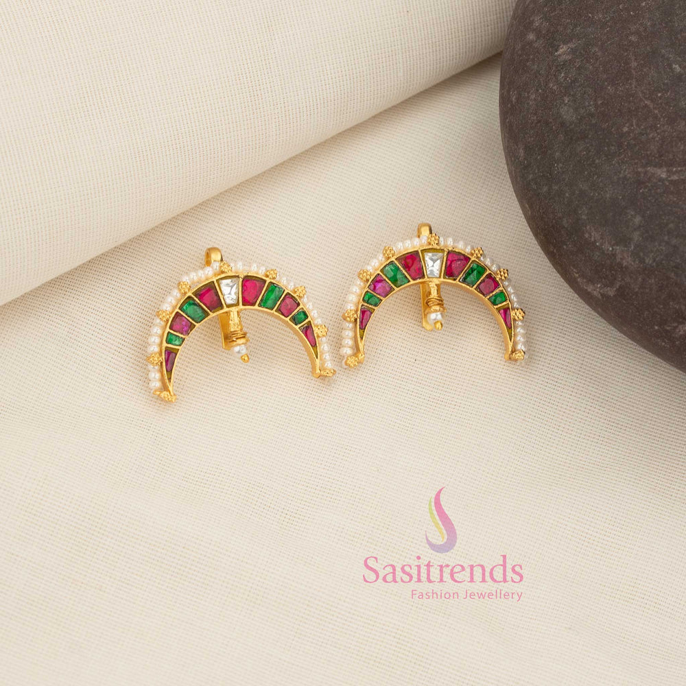  24K Jadau Kundan half-moon crescent earcuff bugadi earrings with pearl fringe – Sasitrends