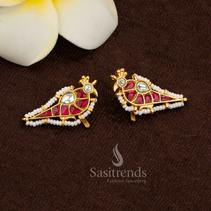 Regal 24K Jadau Gold Plated Parrot Kundan Stone & Pearl Bugadi Ear Cuff Earrings for Wedding & Festive Wear