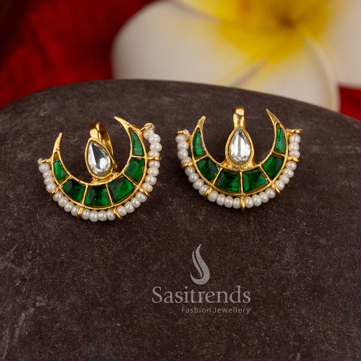 Exquisite 24K Jadau Gold Plated Teardrop & Half Moon Kundan Stone with Pearls Bugadi Ear Cuff Earrings for Festive & Culturals