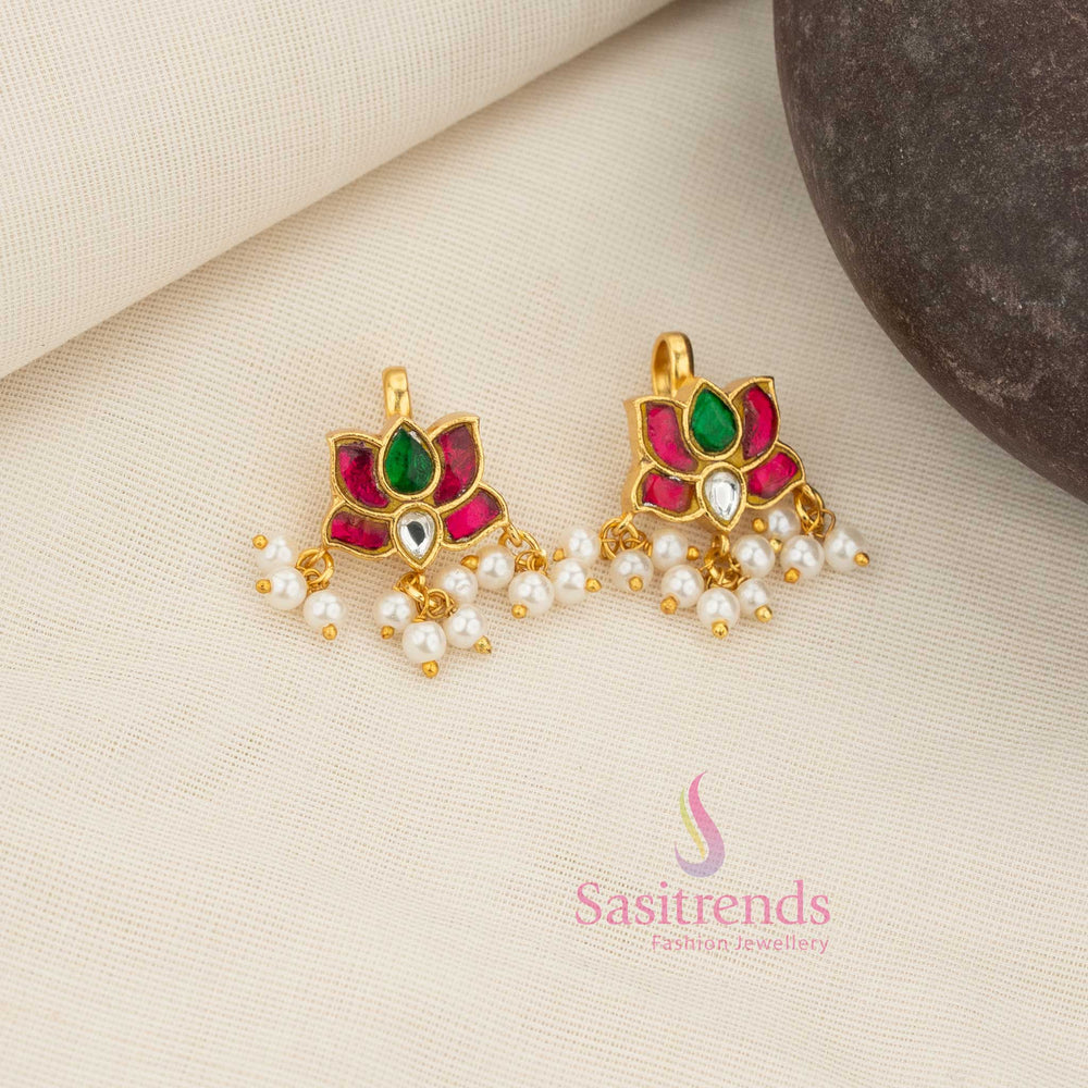 Heritage 24K gold plated lotus motif earcuff earrings with pearl hangings for ceremonial attire