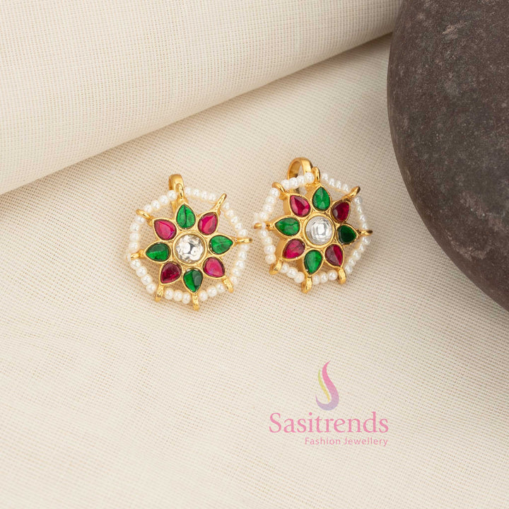 Heritage 24K gold plated floral sunburst earcuff earrings with pearl fringe for South Indian ceremonial wear
