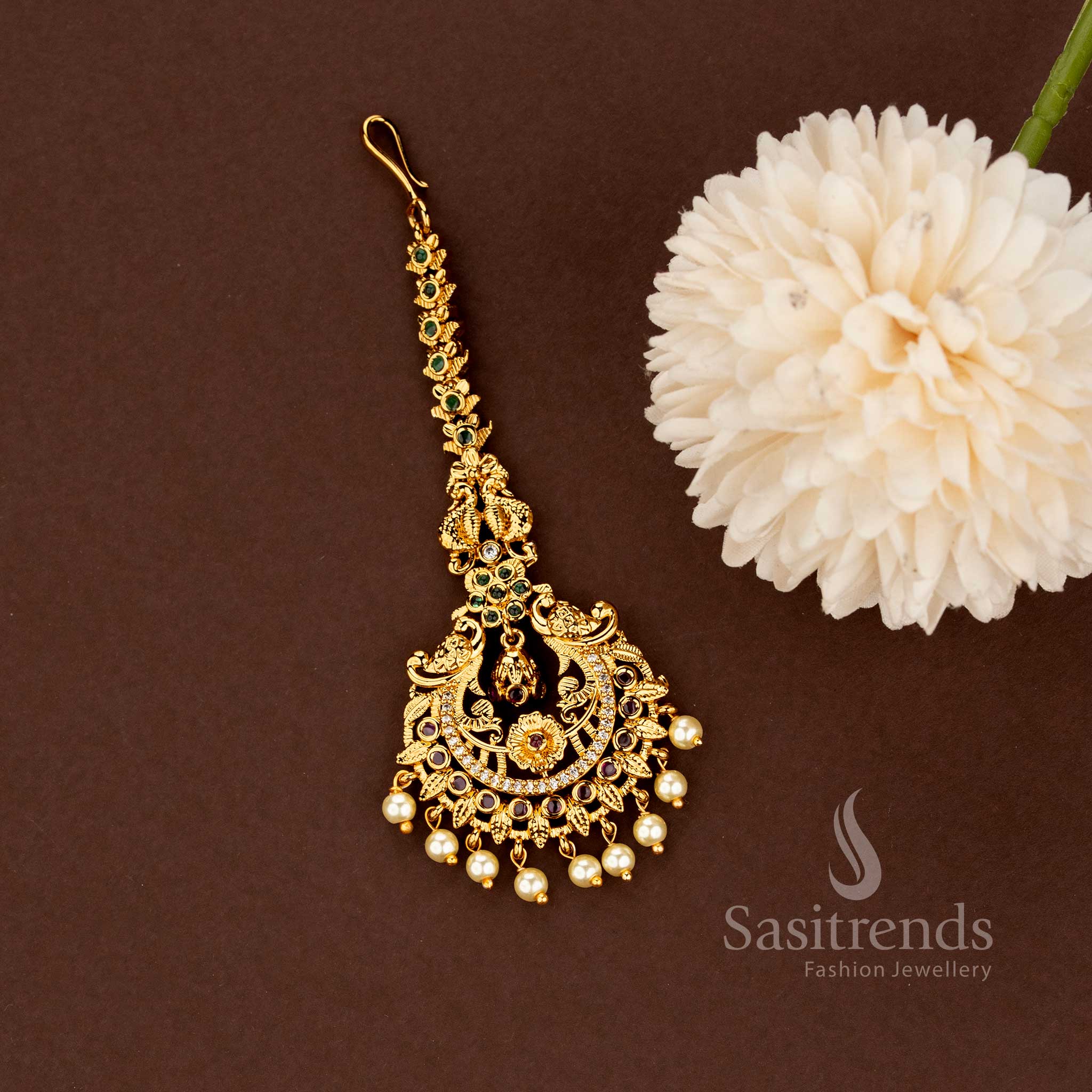 Luxury Temple Matte Gold AD Stone Hair Ornament for Bridal and Festive Wear - Sasitrends