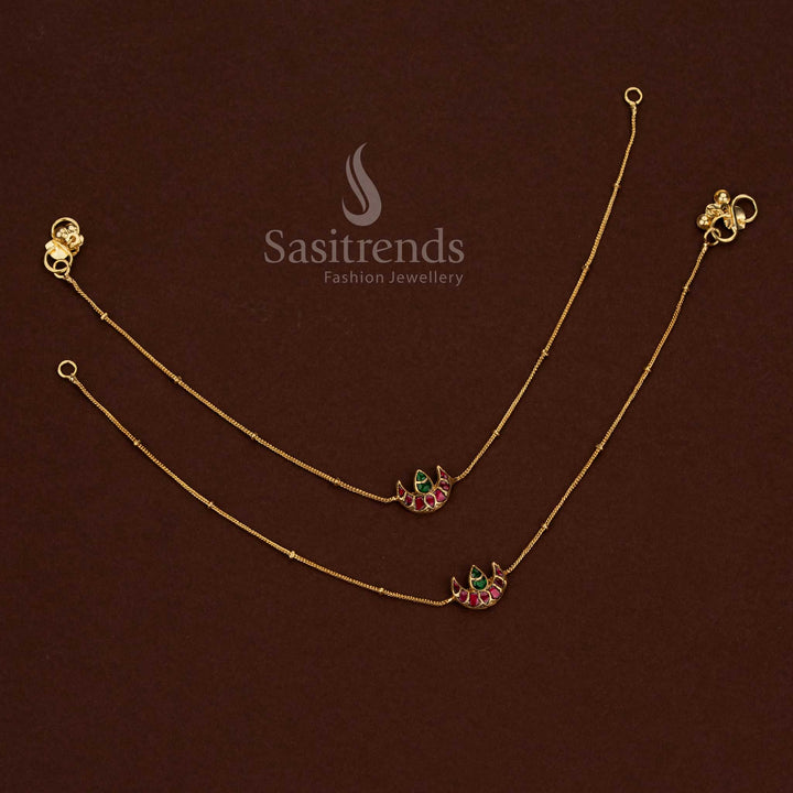 
24K jadau gold plated kundan stone anklet showcasing a collection of crescent moon designs with pearl hangings - Sasitrends
