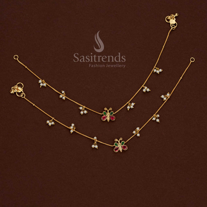 
24K jadau gold plated kundan stone anklet featuring a collection of butterfly designs with pearl accents - Sasitrends
