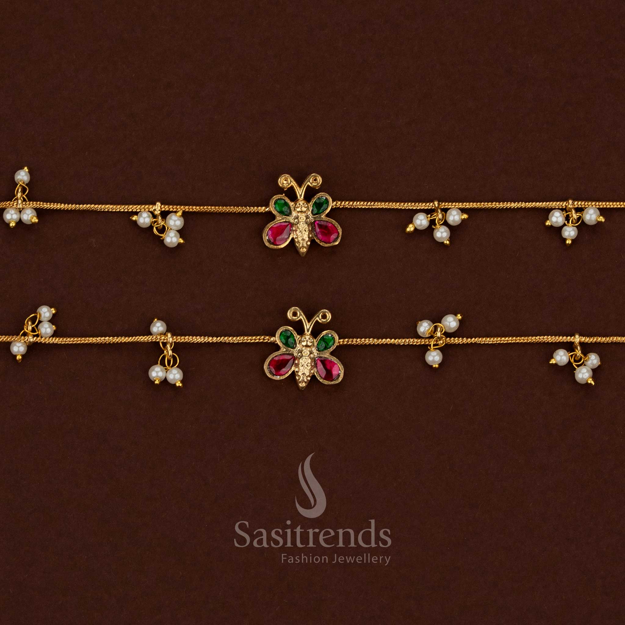 
Butterfly motif kundan stone anklet with traditional jadau setting and premium rich gold finish - Sasitrends

