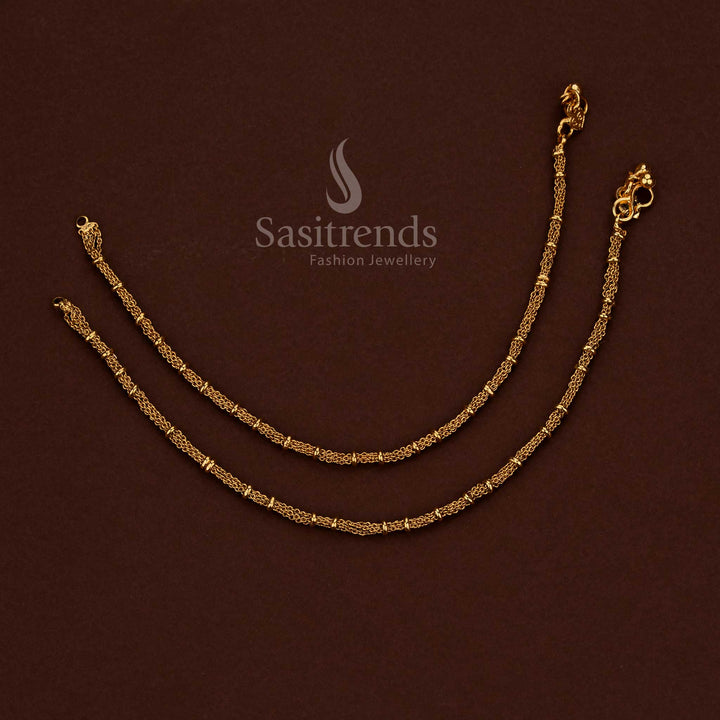 Elegant Matte Gold Plated Temple Strand Interlaced Hoop Anklets for Festive, Traditional & Temple Wear