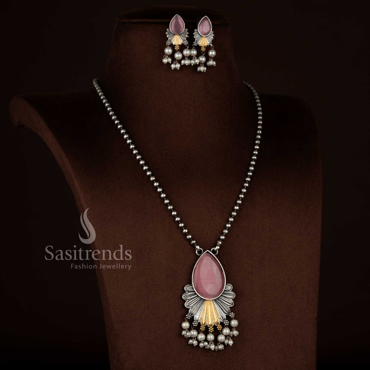 Antique Oxidised 92.5 Silver Plated pink Monalisa Stone Floral Drop Pendant Necklace Jewellery Set with Pearl Detailing and Matching Earrings - Sasitrends