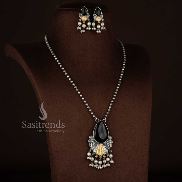 Prettiest Antique Oxidised 92.5 Silver Plated Monalisa Stone Floral Drop Pendant Long Necklace Jewellery Set with Pearl Detailing and Matching Earrings