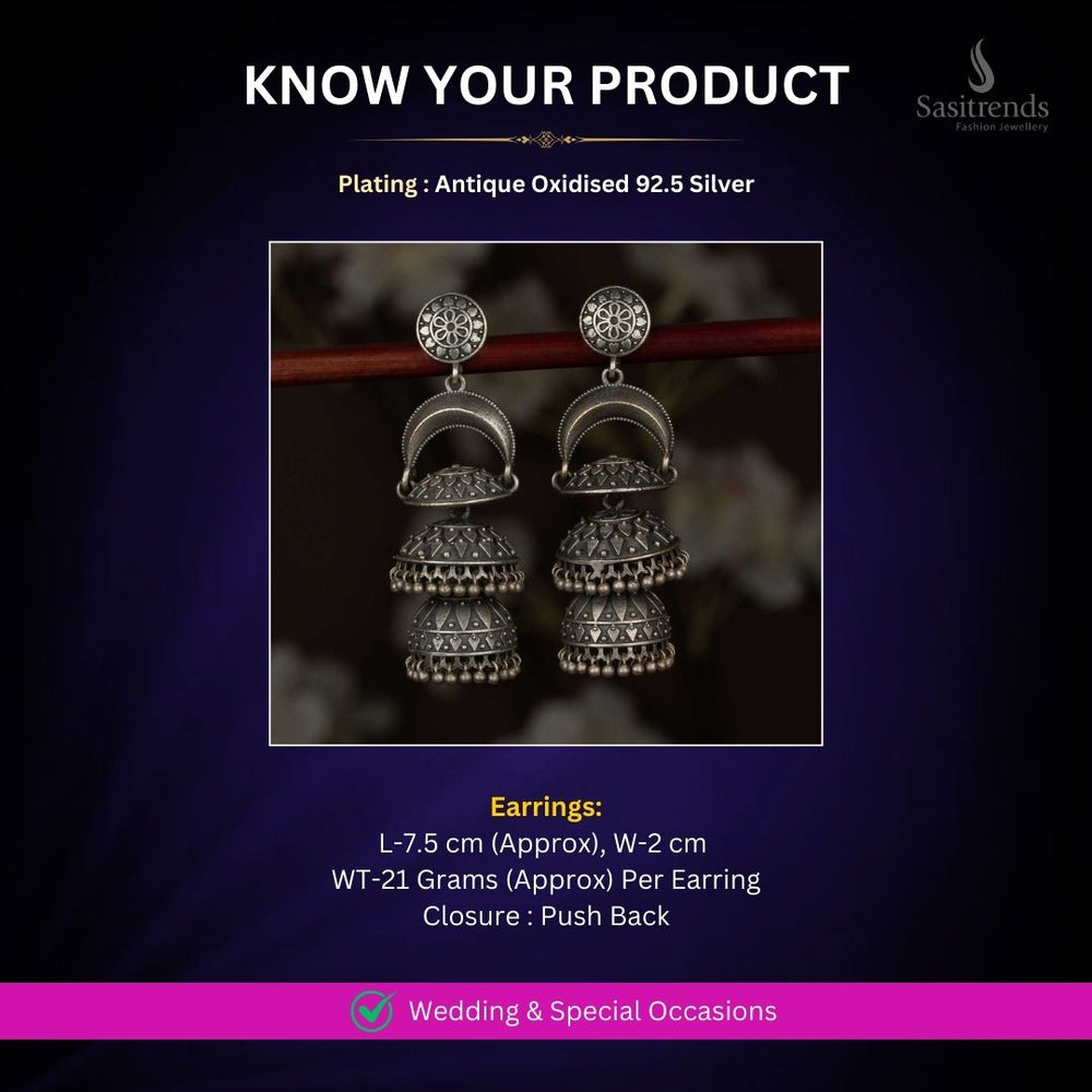 Antique Oxidised 92.5 Silver Earrings Measurement Image - Sasitrends