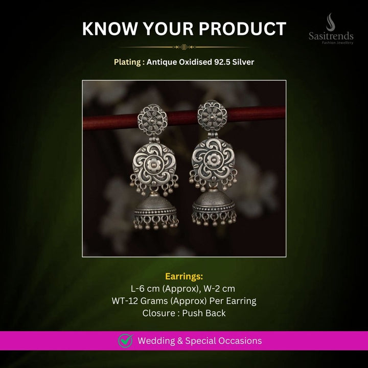 Antique Oxidised 92.5 Silver Earrings Measurement Image - Sasitrends