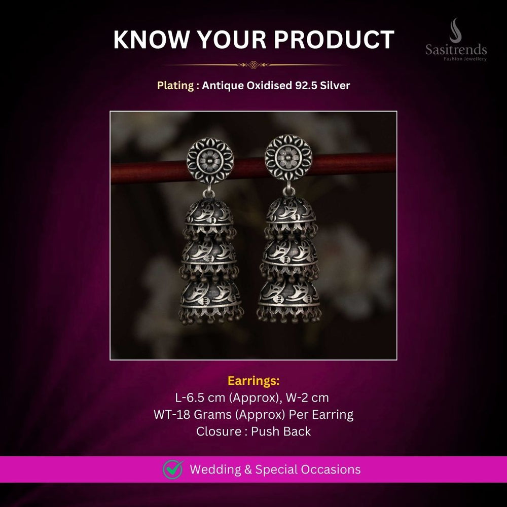 Antique Oxidised 92.5 Silver Earrings Measurement Image - Sasitrends