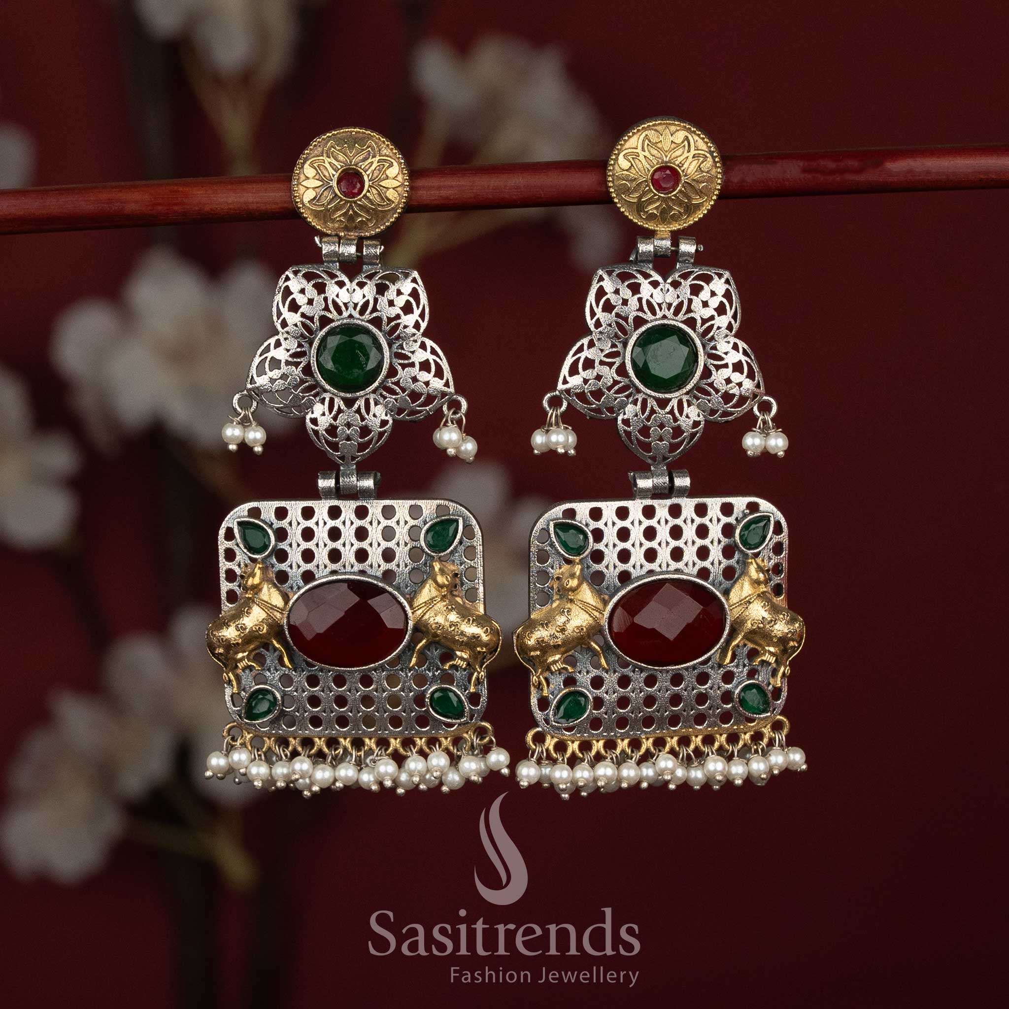 Statement dual tone oxidised silver Ruby-Green plated earrings with linear pearl fringes for cultural evenings