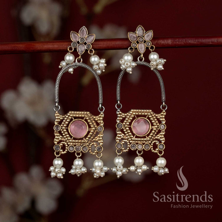 Sasitrends floral arch design earrings with pink monalisa stone centerpiece and pearl cluster hangings for party wear
