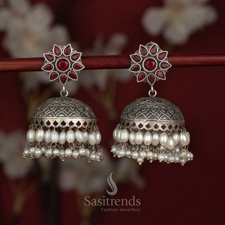 Exquisite Antique Oxidised 92.5 Silver Plated Floral Stone Dome Jhumka Earrings with Pearl Layers | Party Wear