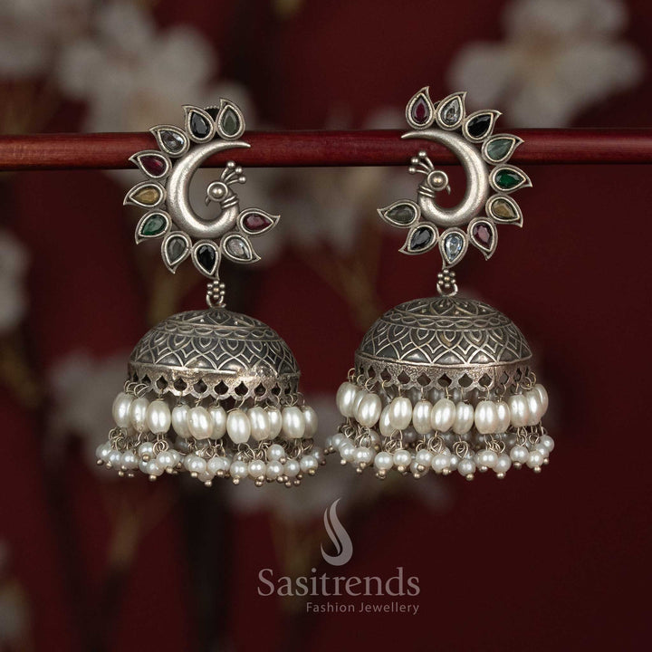Antique Oxidised 92.5 Silver Plated Peacock Motif multi Stone Jhumka Earrings with Engraved Dome and Pearl Fringe – Sasitrends