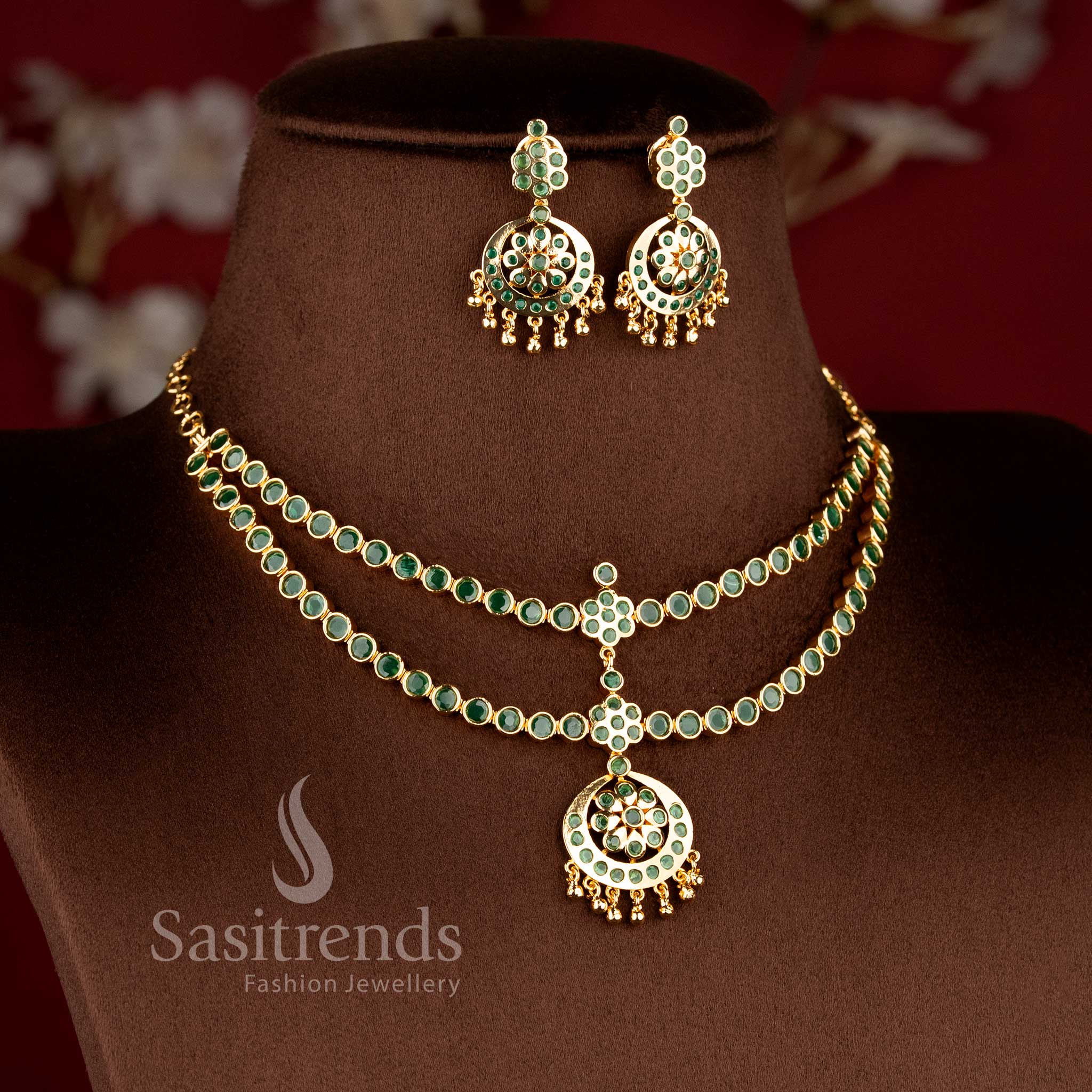 Pure traditional Green micro gold plated round stone crescent floral layered attigai necklace for festive excellence jewellery - Sasitrends