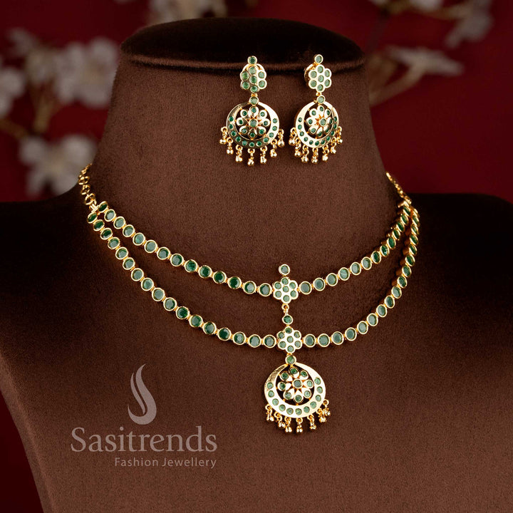 Pure traditional Green micro gold plated round stone crescent floral layered attigai necklace for festive excellence jewellery - Sasitrends