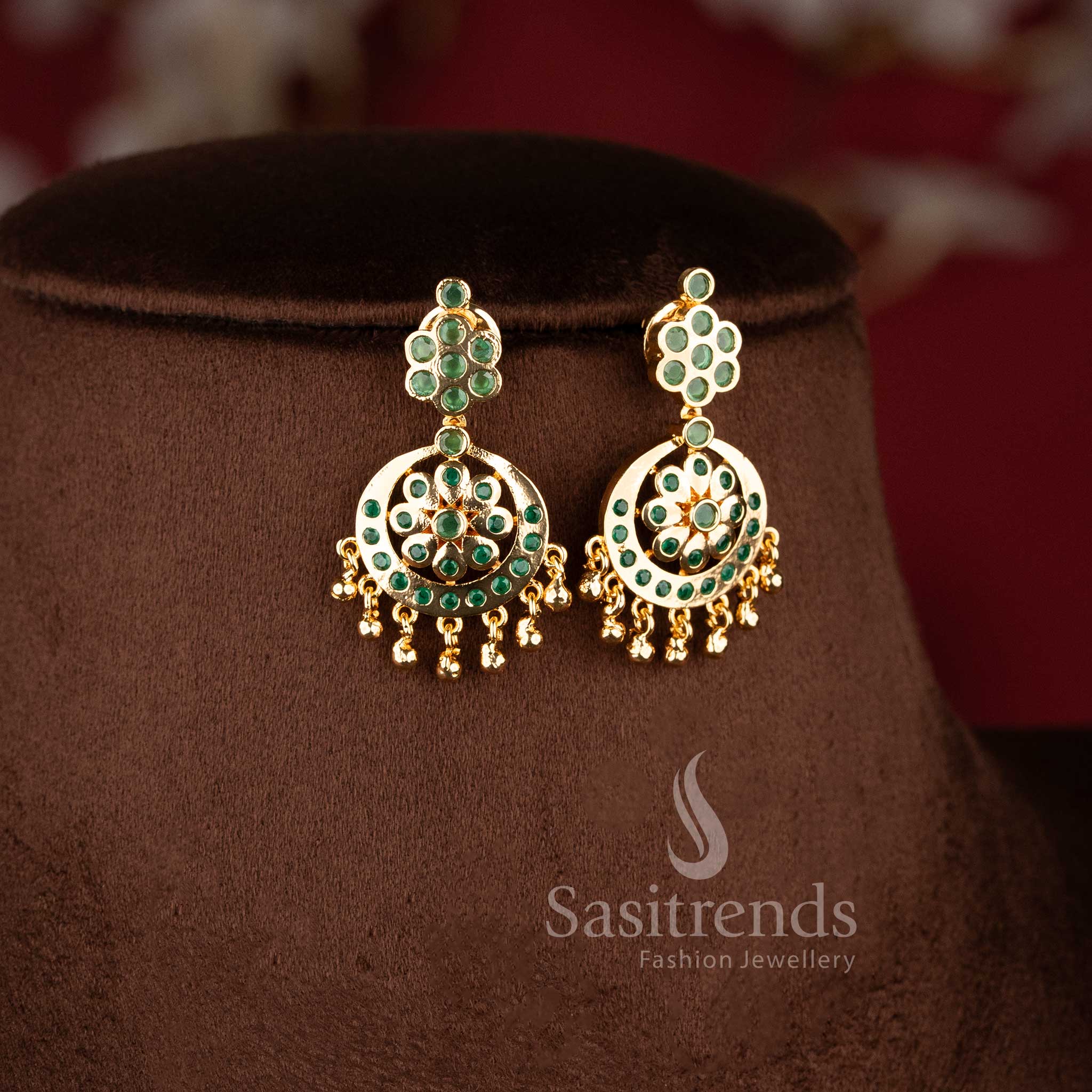 Pure traditional Green micro gold plated round stone crescent floral layered attigai necklace for festive excellence jewellery - Sasitrends