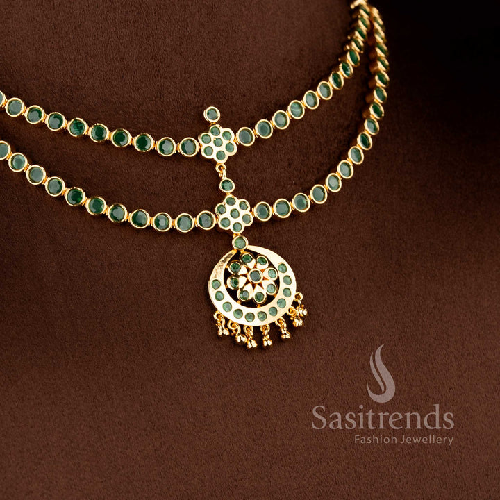 Pure traditional Green micro gold plated round stone crescent floral layered attigai necklace for festive excellence jewellery - Sasitrends