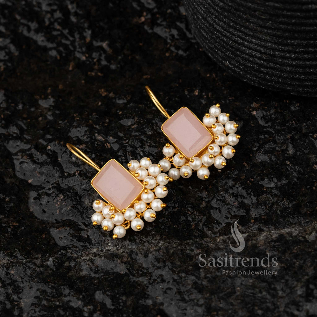 Elegant Pink Monalisa Stone Earrings with Pearls Sasitrends Online Shopping