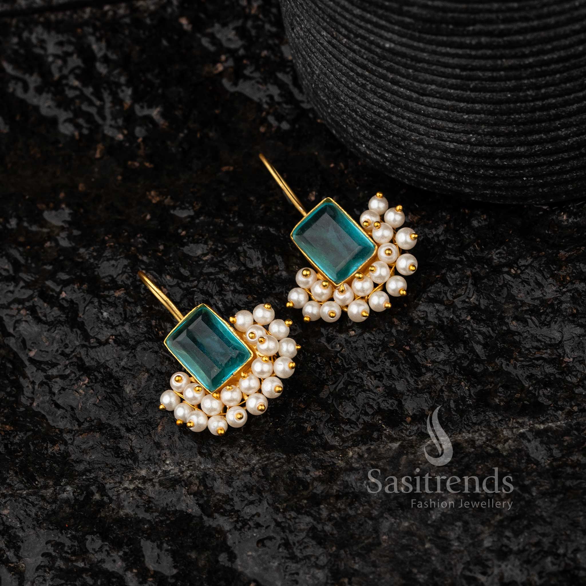 Ocean Blue Monalisa Stone Gold Plated Earrings Sasitrends Online Shopping