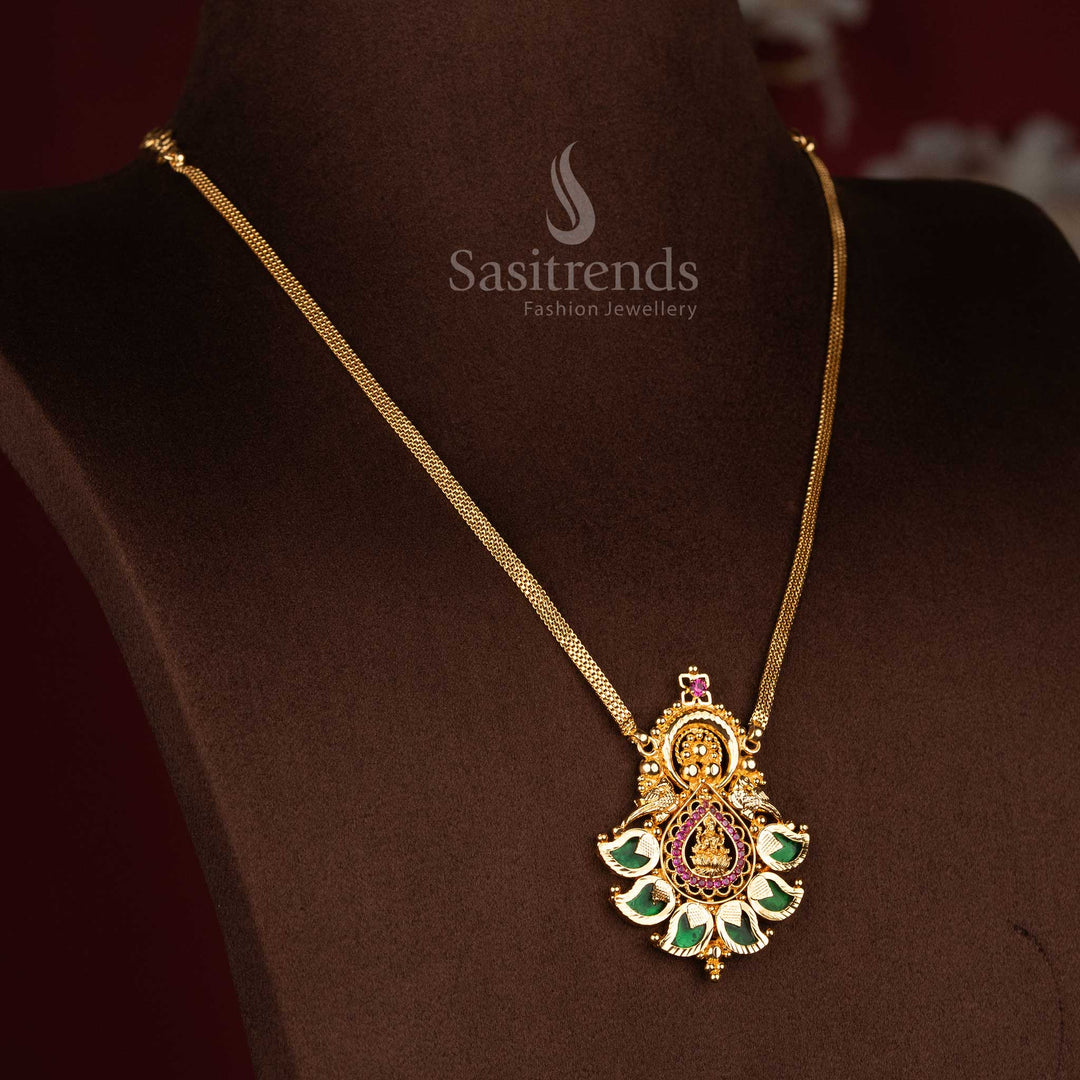 Guaranteed one gram micro gold plated floral Lakshmi teardrop pendant paisley AD stone necklace with golden beads that looks like real gold 