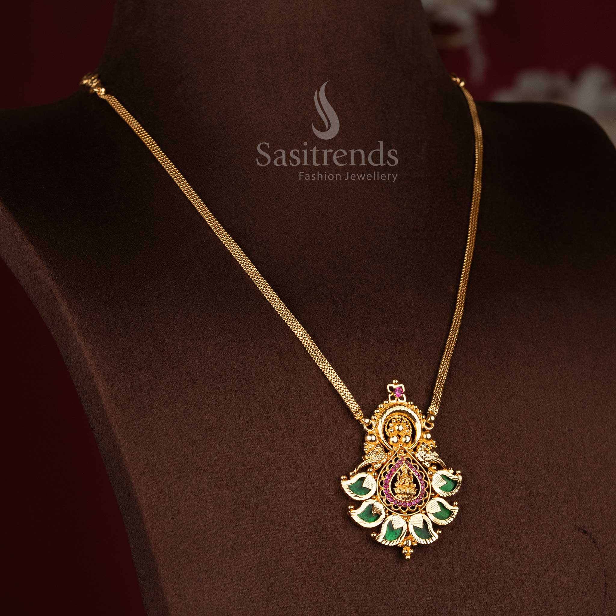 Guaranteed one gram micro gold plated floral Lakshmi teardrop pendant paisley AD stone necklace with golden beads that looks like real gold 