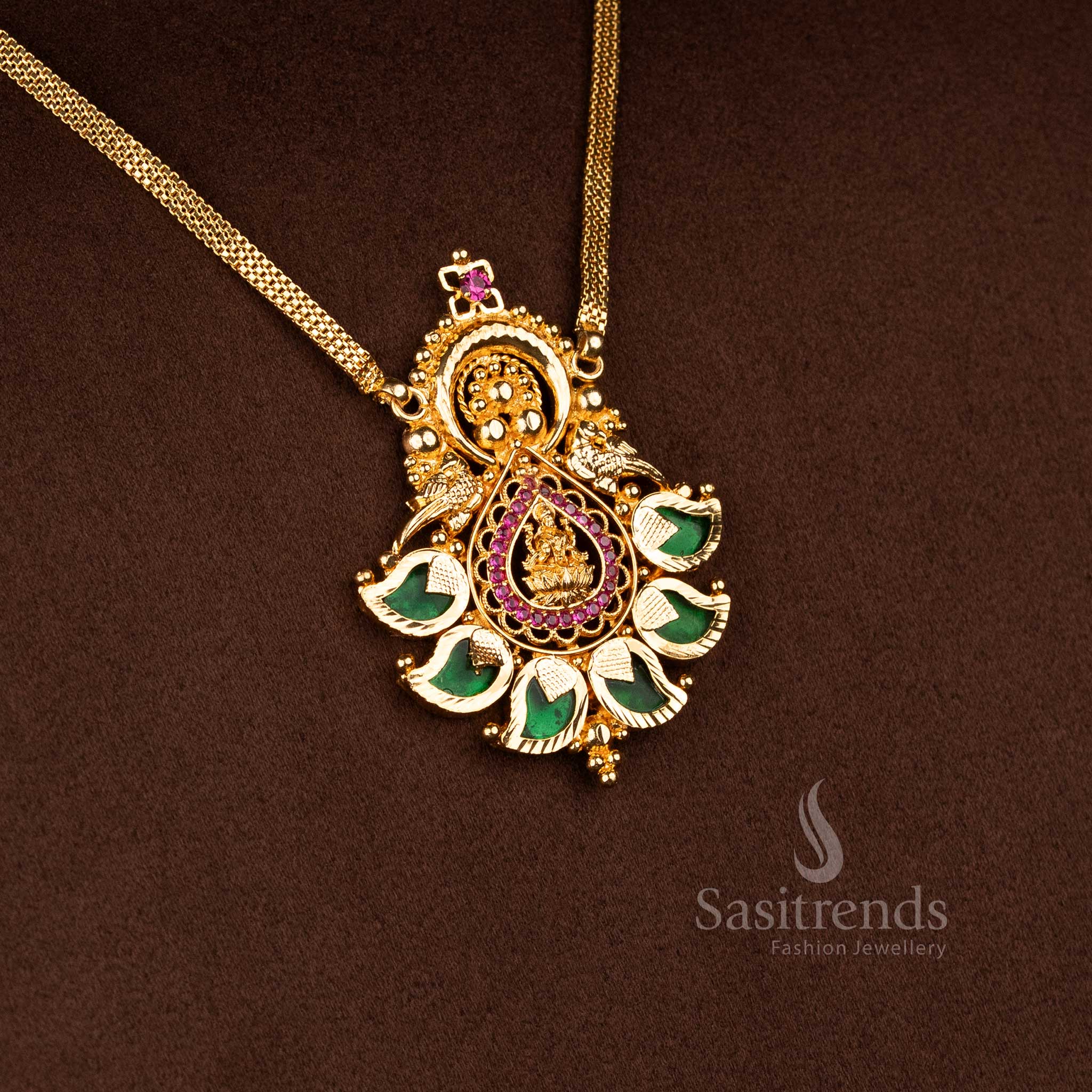  Guaranteed one gram micro gold plated floral Lakshmi teardrop pendant paisley AD stone necklace with golden beads that looks like real gold 